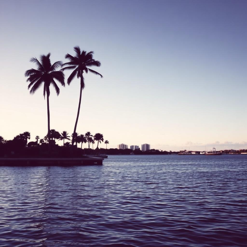 Florida Gulf Coast waterfront with palms and low skyline